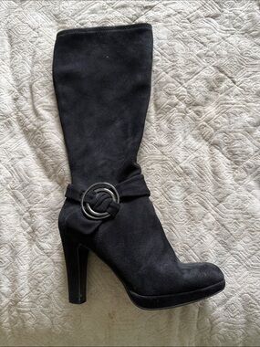 Impo Black Suede-Look High Heel Mid-Calf Boot with Buckle Detail